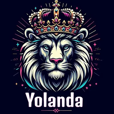 Dibujo majestuoso de león con corona enjoyada, rayos de luz detrás y nombre en la parte inferior. - Yola