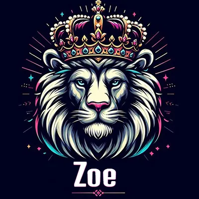 Dibujo majestuoso de león con corona enjoyada, rayos de luz detrás y nombre en la parte inferior. - Zoe