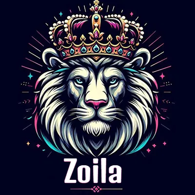 Dibujo majestuoso de león con corona enjoyada, rayos de luz detrás y nombre en la parte inferior. - Zoila