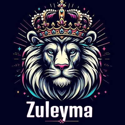 Dibujo majestuoso de león con corona enjoyada, rayos de luz detrás y nombre en la parte inferior. - Zuleyma