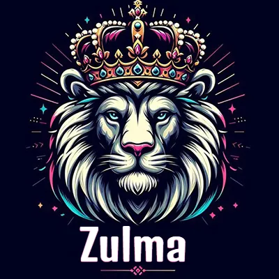 Dibujo majestuoso de león con corona enjoyada, rayos de luz detrás y nombre en la parte inferior. - Zulma