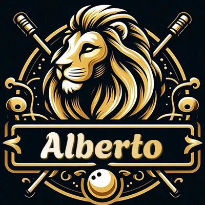 Logo clásico de cabeza de león en oro mate dentro de marco circular, nombre en rectángulo dorado. - Alberto