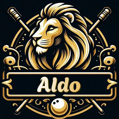Logo clásico de cabeza de león en oro mate dentro de marco circular, nombre en rectángulo dorado. - Aldo