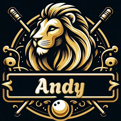 Logo clásico de cabeza de león en oro mate dentro de marco circular, nombre en rectángulo dorado. - Andy