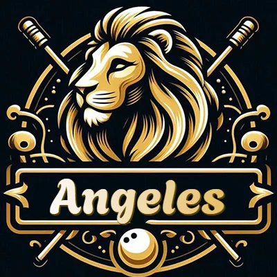 Logo clásico de cabeza de león en oro mate dentro de marco circular, nombre en rectángulo dorado. - Angeles