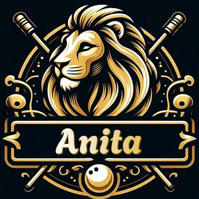 Logo clásico de cabeza de león en oro mate dentro de marco circular, nombre en rectángulo dorado. - Anita