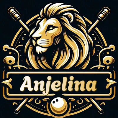 Logo clásico de cabeza de león en oro mate dentro de marco circular, nombre en rectángulo dorado. - Anjelina