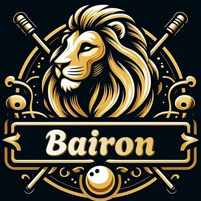 Logo clásico de cabeza de león en oro mate dentro de marco circular, nombre en rectángulo dorado. - Bairon