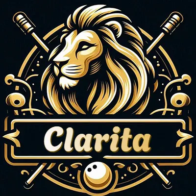 Logo clásico de cabeza de león en oro mate dentro de marco circular, nombre en rectángulo dorado. - Clarita