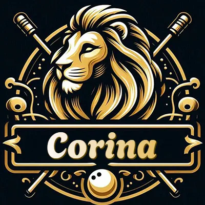 Logo clásico de cabeza de león en oro mate dentro de marco circular, nombre en rectángulo dorado. - Corina