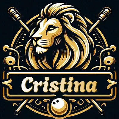 Logo clásico de cabeza de león en oro mate dentro de marco circular, nombre en rectángulo dorado. - Cristina