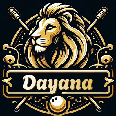 Logo clásico de cabeza de león en oro mate dentro de marco circular, nombre en rectángulo dorado. - Dayana