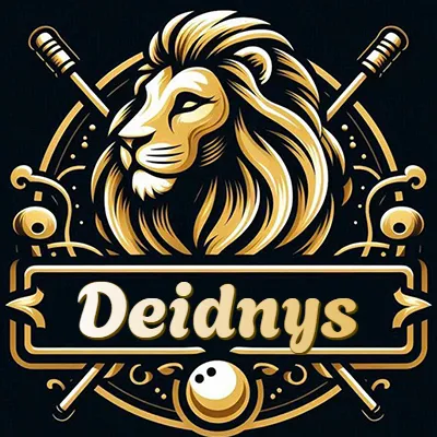 Logo clásico de cabeza de león en oro mate dentro de marco circular, nombre en rectángulo dorado. - Deidnys