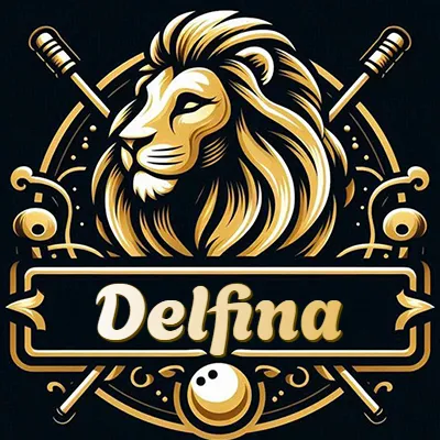 Logo clásico de cabeza de león en oro mate dentro de marco circular, nombre en rectángulo dorado. - Delfina