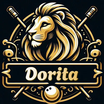 Logo clásico de cabeza de león en oro mate dentro de marco circular, nombre en rectángulo dorado. - Dorita