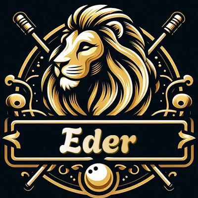 Logo clásico de cabeza de león en oro mate dentro de marco circular, nombre en rectángulo dorado. - Eder