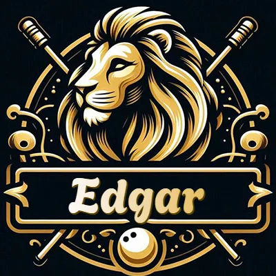 Logo clásico de cabeza de león en oro mate dentro de marco circular, nombre en rectángulo dorado. - Edgar