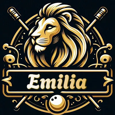 Logo clásico de cabeza de león en oro mate dentro de marco circular, nombre en rectángulo dorado. - Emilia