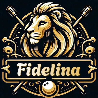 Logo clásico de cabeza de león en oro mate dentro de marco circular, nombre en rectángulo dorado. - Fidelina