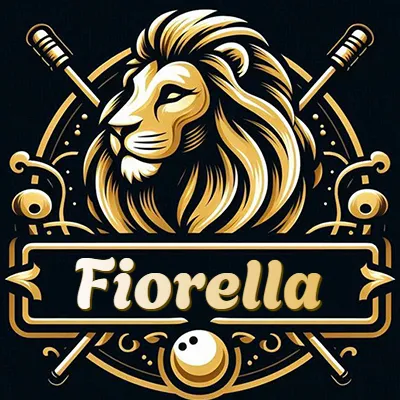 Logo clásico de cabeza de león en oro mate dentro de marco circular, nombre en rectángulo dorado. - Fiorella