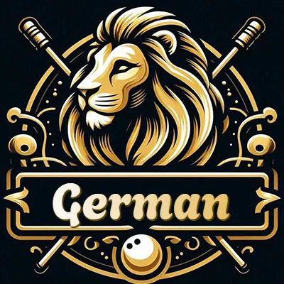 Logo clásico de cabeza de león en oro mate dentro de marco circular, nombre en rectángulo dorado. - German Logo clásico de cabeza de león en oro mate dentro de marco circular, nombre en rectángulo dorado. - German