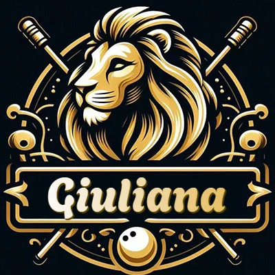 Logo clásico de cabeza de león en oro mate dentro de marco circular, nombre en rectángulo dorado. - Giuliana