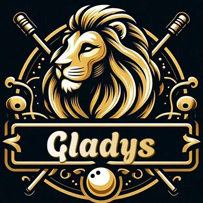 Logo clásico de cabeza de león en oro mate dentro de marco circular, nombre en rectángulo dorado. - Gladys