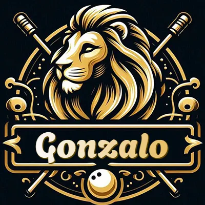 Logo clásico de cabeza de león en oro mate dentro de marco circular, nombre en rectángulo dorado. - Gonzalo