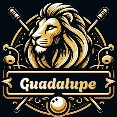 Logo clásico de cabeza de león en oro mate dentro de marco circular, nombre en rectángulo dorado. - Guadalupe