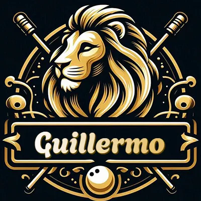 Logo clásico de cabeza de león en oro mate dentro de marco circular, nombre en rectángulo dorado. - Guillermo