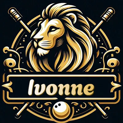 Logo clásico de cabeza de león en oro mate dentro de marco circular, nombre en rectángulo dorado. - Ivonne