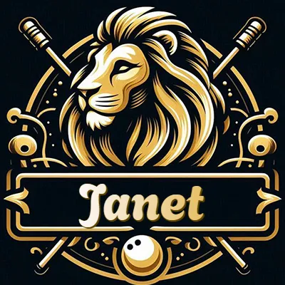 Logotipo clásico de un león dorado de perfil, dentro de un marco circular que incluye plumas o instrumentos de escritura cruzados en el fondo, con un estilo lujoso que combina negro y dorado. El nombre Janet está escrito en tipografía dorada suave dentro de un marco rectangular que cruza el diseño circular desde abajo.