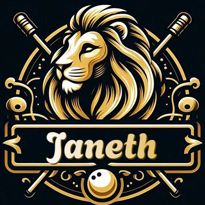 Logo clásico de cabeza de león en oro mate dentro de marco circular, nombre en rectángulo dorado. - Janeth