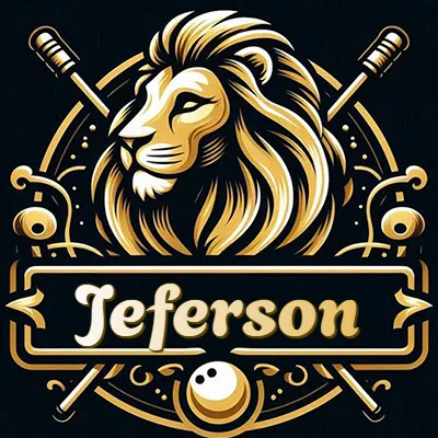 Logo clásico de cabeza de león en oro mate dentro de marco circular, nombre en rectángulo dorado. - Jeferson