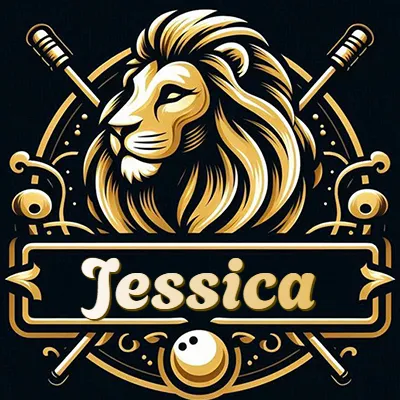 Logo clásico de cabeza de león en oro mate dentro de marco circular, nombre en rectángulo dorado. - Jessica