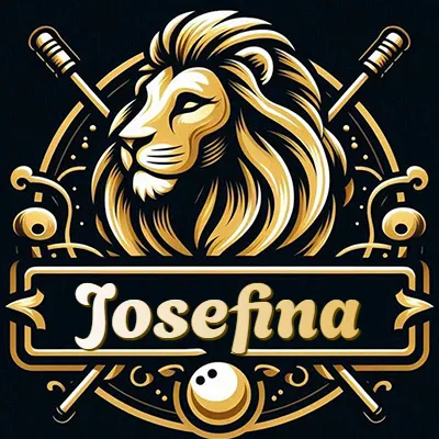 Logo clásico de cabeza de león en oro mate dentro de marco circular, nombre en rectángulo dorado. - Josefina