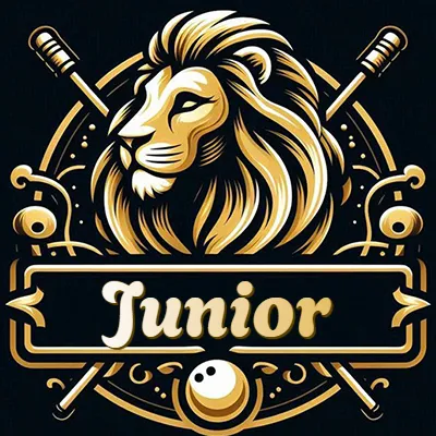 Logo clásico de cabeza de león en oro mate dentro de marco circular, nombre en rectángulo dorado. - Junior