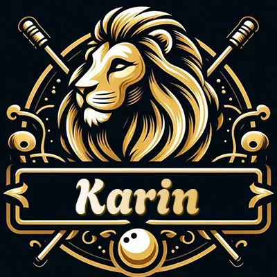 Logotipo clásico de un león dorado de perfil, dentro de un marco circular que incluye plumas o instrumentos de escritura cruzados en el fondo, con un estilo lujoso que combina negro y dorado. El nombre Karin está escrito en tipografía dorada suave dentro de un marco rectangular que cruza el diseño circular desde abajo.