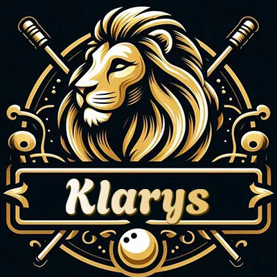 Logo clásico de cabeza de león en oro mate dentro de marco circular, nombre en rectángulo dorado. - Klarys