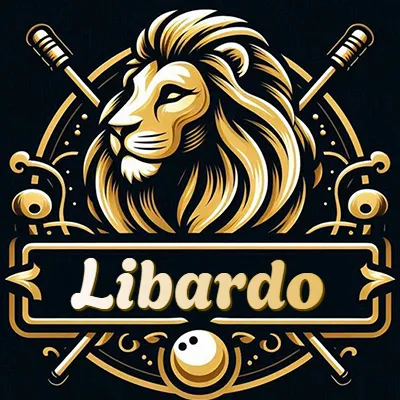 Logo clásico de cabeza de león en oro mate dentro de marco circular, nombre en rectángulo dorado. - Libardo
