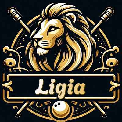 Logo clásico de cabeza de león en oro mate dentro de marco circular, nombre en rectángulo dorado. - Ligia