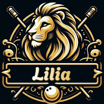 Logo clásico de cabeza de león en oro mate dentro de marco circular, nombre en rectángulo dorado. - Lili