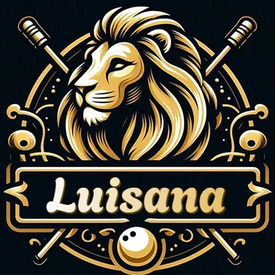 Logo clásico de cabeza de león en oro mate dentro de marco circular, nombre en rectángulo dorado. - Luisana