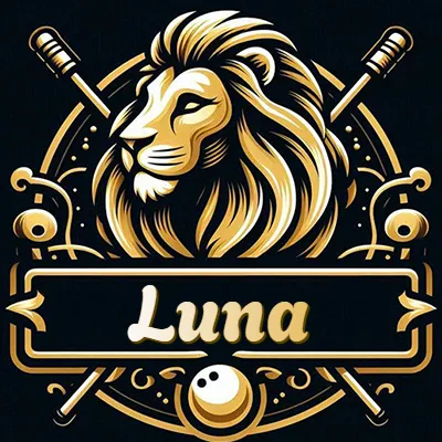 Logo clásico de cabeza de león en oro mate dentro de marco circular, nombre en rectángulo dorado. - Luna