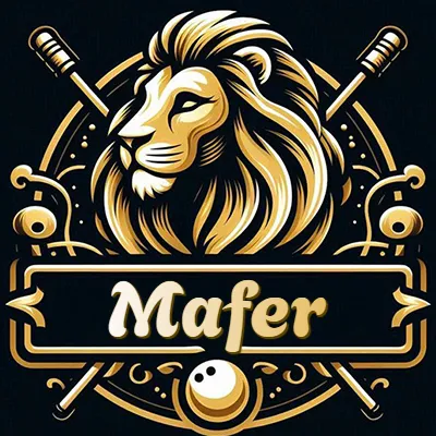 Logo clásico de cabeza de león en oro mate dentro de marco circular, nombre en rectángulo dorado. - Mafer