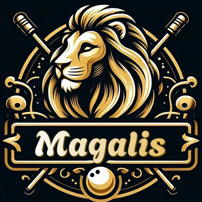 Logo clásico de cabeza de león en oro mate dentro de marco circular, nombre en rectángulo dorado. - Magalis Logo clásico de cabeza de león en oro mate dentro de marco circular, nombre en rectángulo dorado. - Magalis