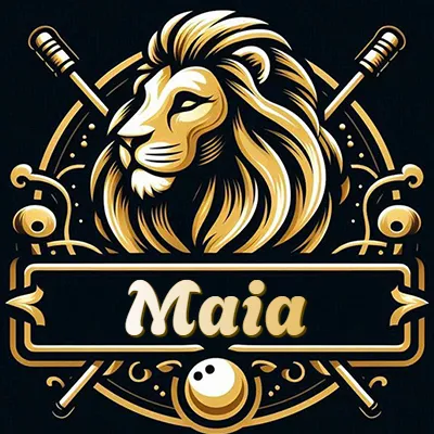 Logo clásico de cabeza de león en oro mate dentro de marco circular, nombre en rectángulo dorado. - Maia