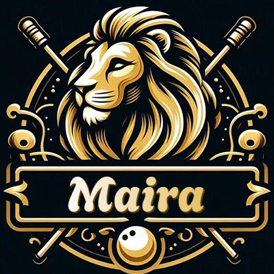 Logo clásico de cabeza de león en oro mate dentro de marco circular, nombre en rectángulo dorado. - Maira