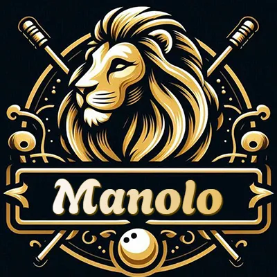 Logo clásico de cabeza de león en oro mate dentro de marco circular, nombre en rectángulo dorado. - Manolo