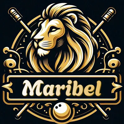Logo clásico de cabeza de león en oro mate dentro de marco circular, nombre en rectángulo dorado. - Maribel